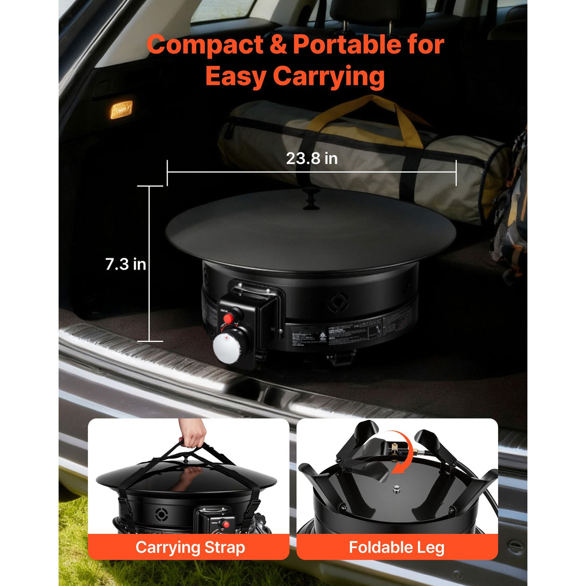 Propane Fire Pit 24-Inch, 53,000 BTU Portable Gas Fire Pit, with Grill Grate & Lava Rocks, Adjustable Flame, Folding Legs,Smokeless Outdoor Firebowl for Camping, Patio, Backyard, Deck, RV, Black