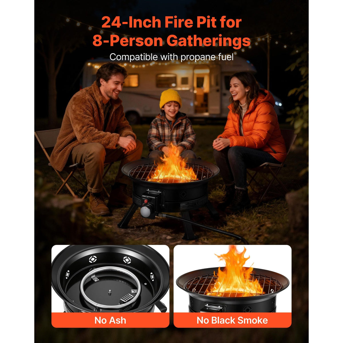 Propane Fire Pit 24-Inch, 53,000 BTU Portable Gas Fire Pit, with Grill Grate & Lava Rocks, Adjustable Flame, Folding Legs,Smokeless Outdoor Firebowl for Camping, Patio, Backyard, Deck, RV, Black