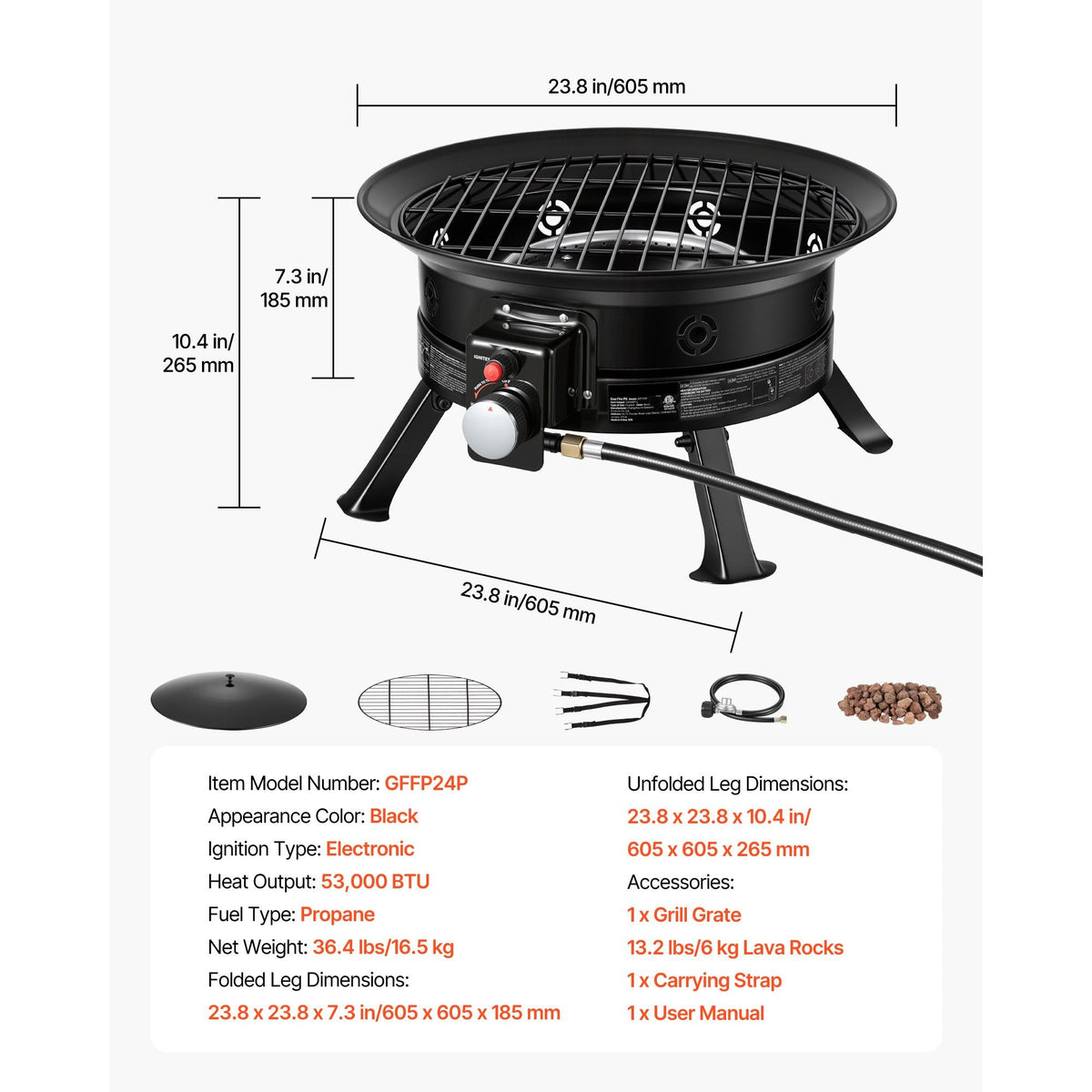 Propane Fire Pit 24-Inch, 53,000 BTU Portable Gas Fire Pit, with Grill Grate & Lava Rocks, Adjustable Flame, Folding Legs,Smokeless Outdoor Firebowl for Camping, Patio, Backyard, Deck, RV, Black