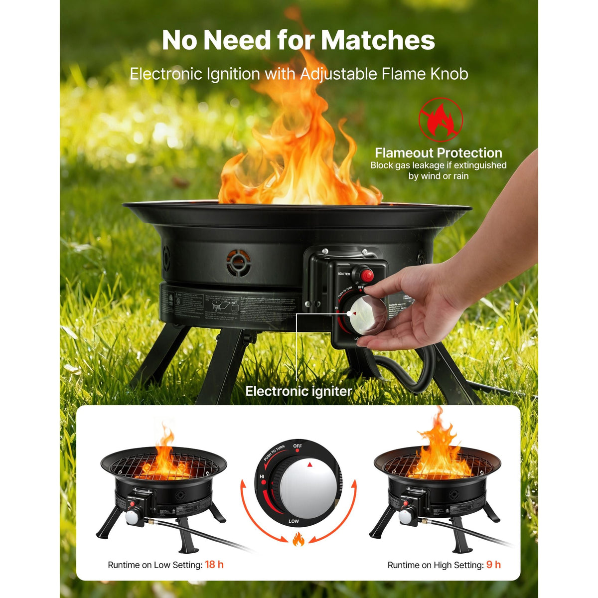Propane Fire Pit 24-Inch, 53,000 BTU Portable Gas Fire Pit, with Grill Grate & Lava Rocks, Adjustable Flame, Folding Legs,Smokeless Outdoor Firebowl for Camping, Patio, Backyard, Deck, RV, Black