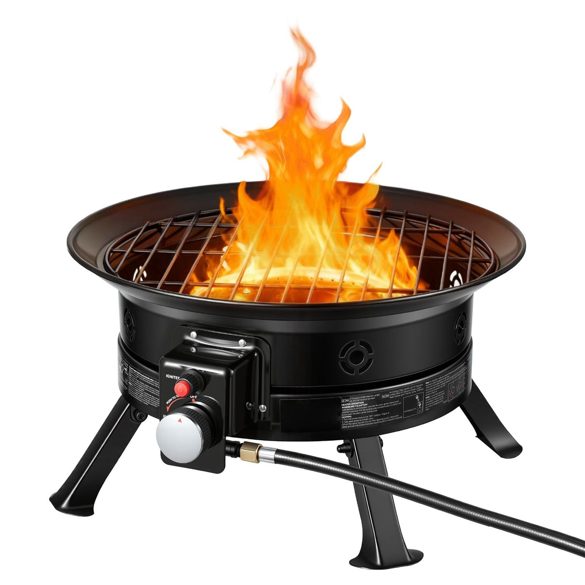 Propane Fire Pit 24-Inch, 53,000 BTU Portable Gas Fire Pit, with Grill Grate & Lava Rocks, Adjustable Flame, Folding Legs,Smokeless Outdoor Firebowl for Camping, Patio, Backyard, Deck, RV, Black