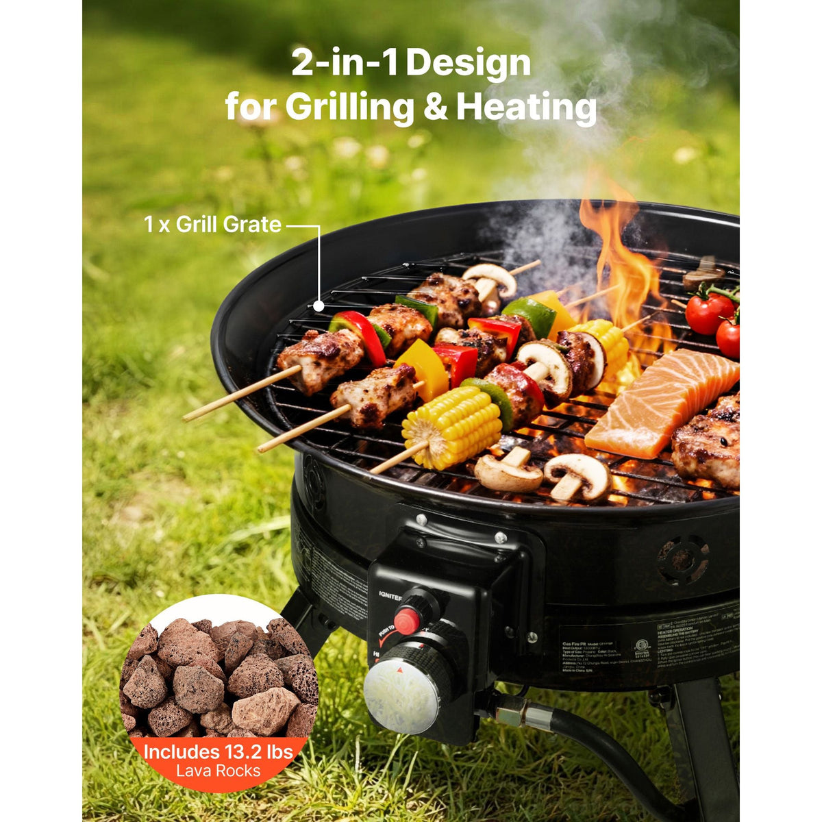 Propane Fire Pit 24-Inch, 53,000 BTU Portable Gas Fire Pit, with Grill Grate & Lava Rocks, Adjustable Flame, Folding Legs,Smokeless Outdoor Firebowl for Camping, Patio, Backyard, Deck, RV, Black