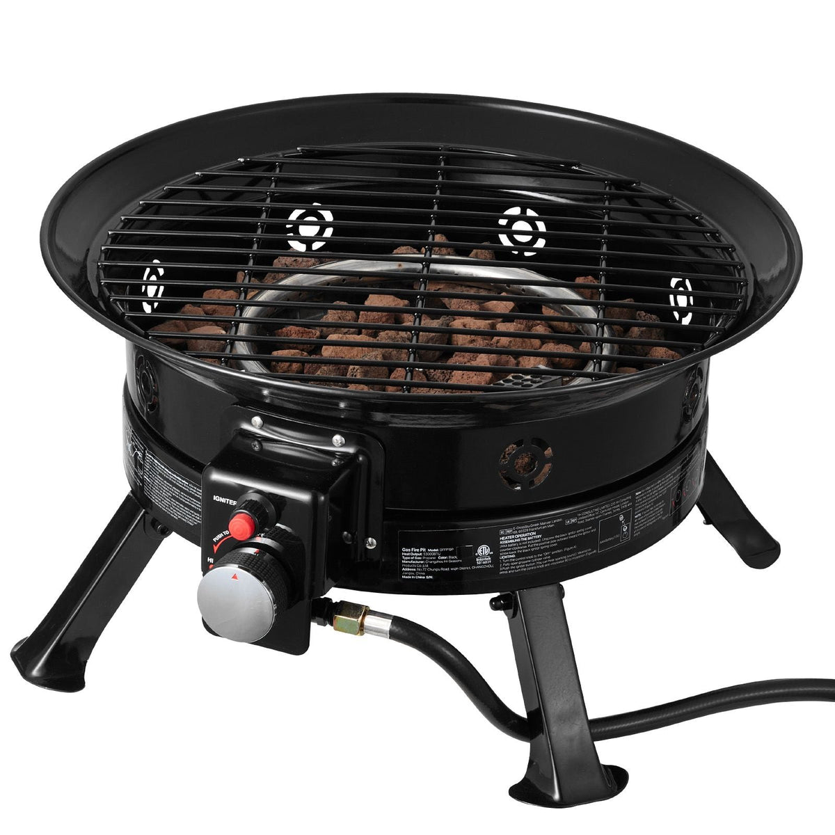 Propane Fire Pit 24-Inch, 53,000 BTU Portable Gas Fire Pit, with Grill Grate & Lava Rocks, Adjustable Flame, Folding Legs,Smokeless Outdoor Firebowl for Camping, Patio, Backyard, Deck, RV, Black