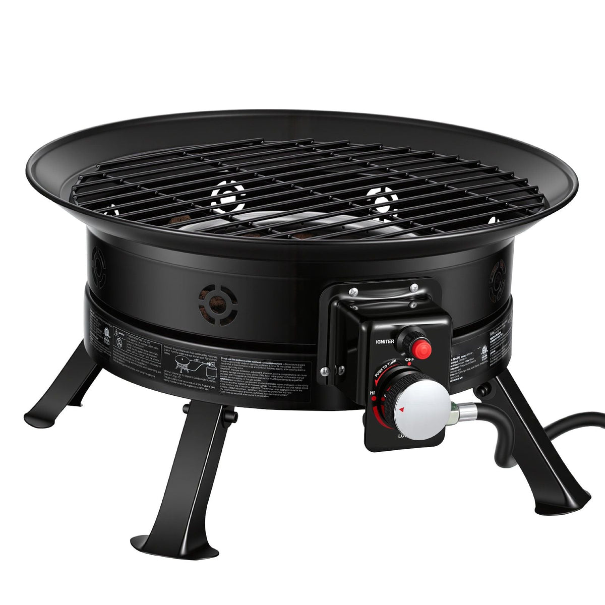 Propane Fire Pit 24-Inch, 53,000 BTU Portable Gas Fire Pit, with Grill Grate & Lava Rocks, Adjustable Flame, Folding Legs,Smokeless Outdoor Firebowl for Camping, Patio, Backyard, Deck, RV, Black