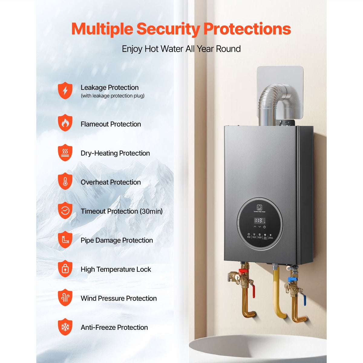 Propane Tankless Water Heater, 4.3Gal Indoor 100000 BTU Instant Hot Water Heater, Smart Temperature Control & Clear LED Display & Multiple Security Protections for Whole House, Silver Gray