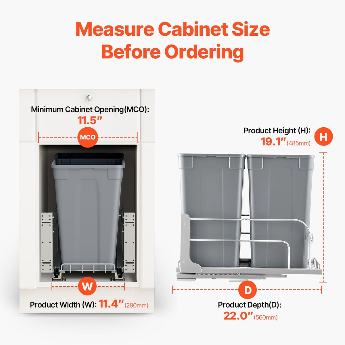 Pull-Out Trash Can, 27 QT x2 Double Under Mount Kitchen Waste Container, Heavy Duty Garbage Recycling Bin with Door Kit and Soft Close Slide, for Kitchen Cabinet, Sink, Under Counter (Grey)