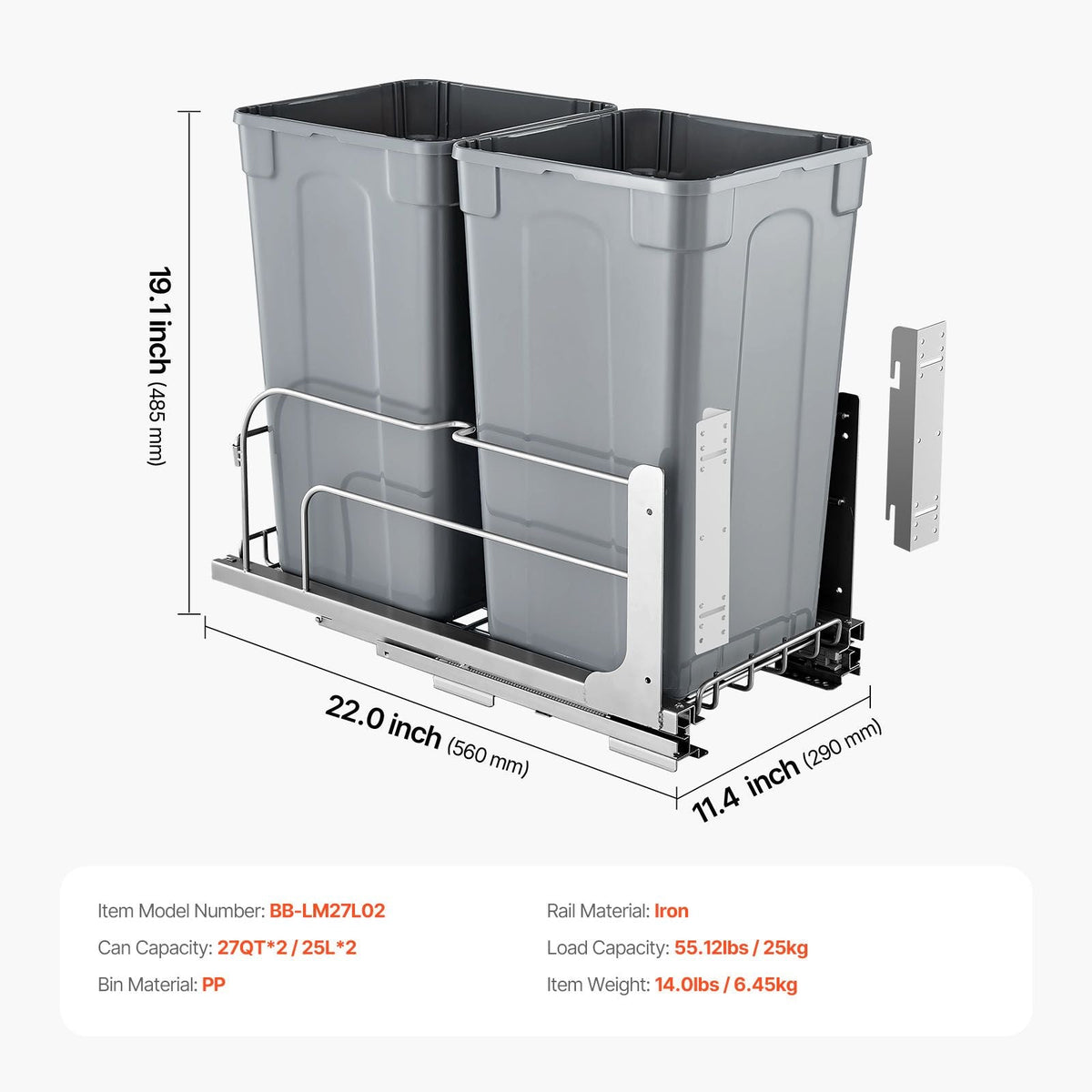 Pull-Out Trash Can, 27 QT x2 Double Under Mount Kitchen Waste Container, Heavy Duty Garbage Recycling Bin with Door Kit and Soft Close Slide, for Kitchen Cabinet, Sink, Under Counter (Grey)