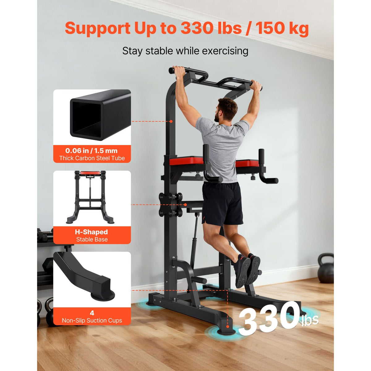 Pull Up Bar, 330 LBS Power Tower Dip Station, Workout Dip Station with H-Shaped Stable Base & Assistance Platform, Adjustable 9 Level Height Pullup Stand for Back, 3-Level Adjustable Elbow Pads