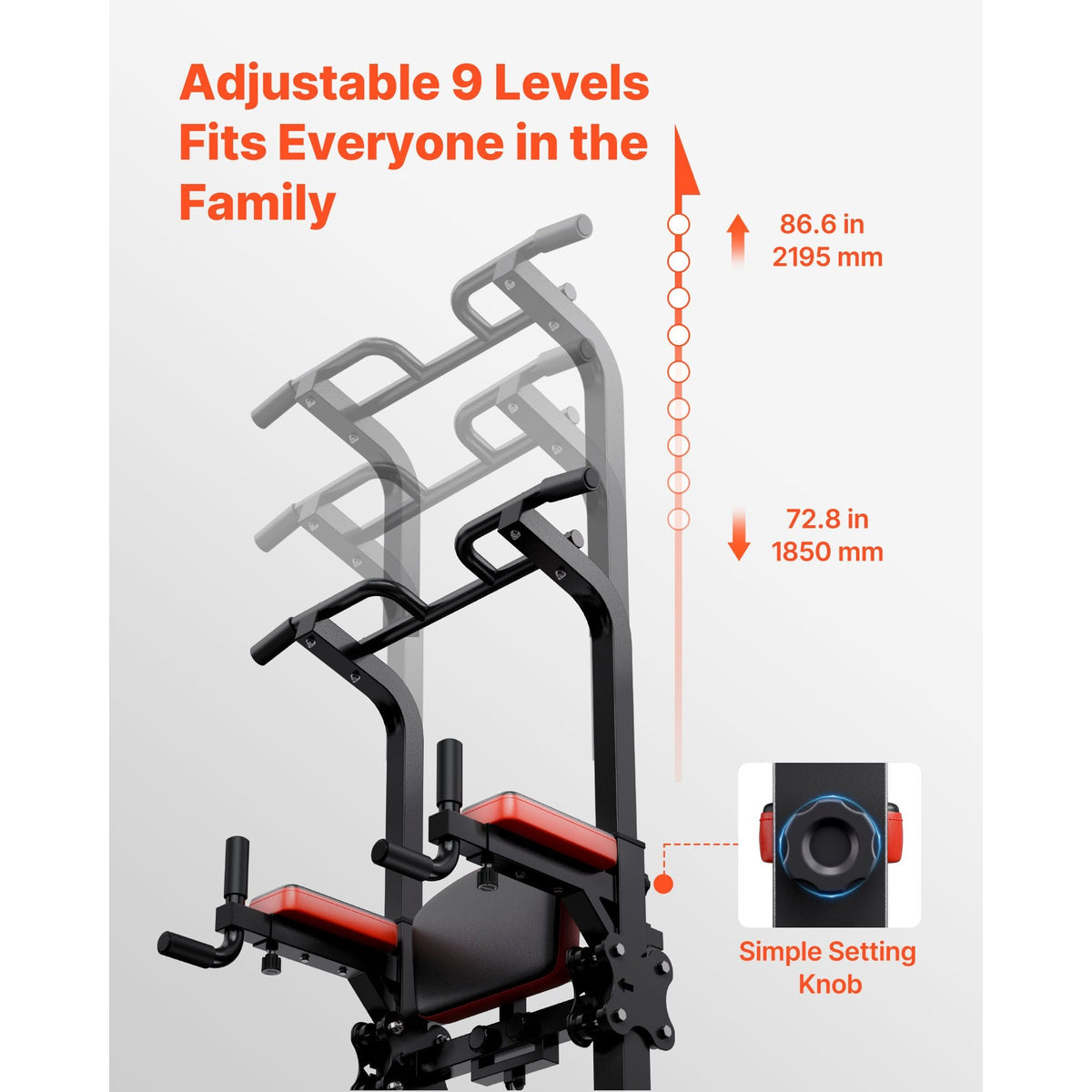 Pull Up Bar, 330 LBS Power Tower Dip Station, Workout Dip Station with H-Shaped Stable Base & Assistance Platform, Adjustable 9 Level Height Pullup Stand for Back, 3-Level Adjustable Elbow Pads