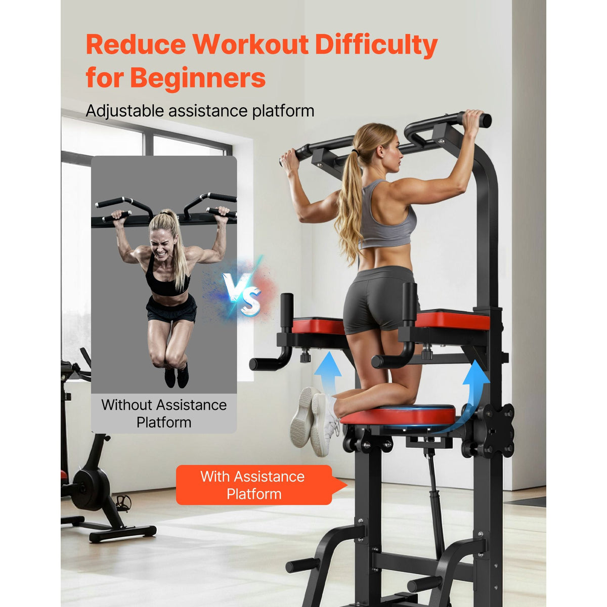Pull Up Bar, 330 LBS Power Tower Dip Station, Workout Dip Station with H-Shaped Stable Base & Assistance Platform, Adjustable 9 Level Height Pullup Stand for Back, 3-Level Adjustable Elbow Pads