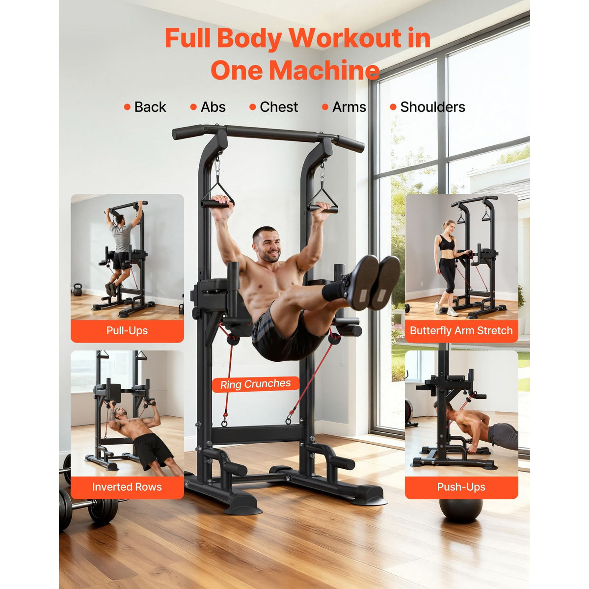 Pull Up Bar, 330 LBS Power Tower Dip Station, Workout Dip Station with H-Shaped Stable Base & Back Pad, Adjustable 12 Level Height Free Standing Chin Up Bar for Back, 4-Level Adjustable Back Pad