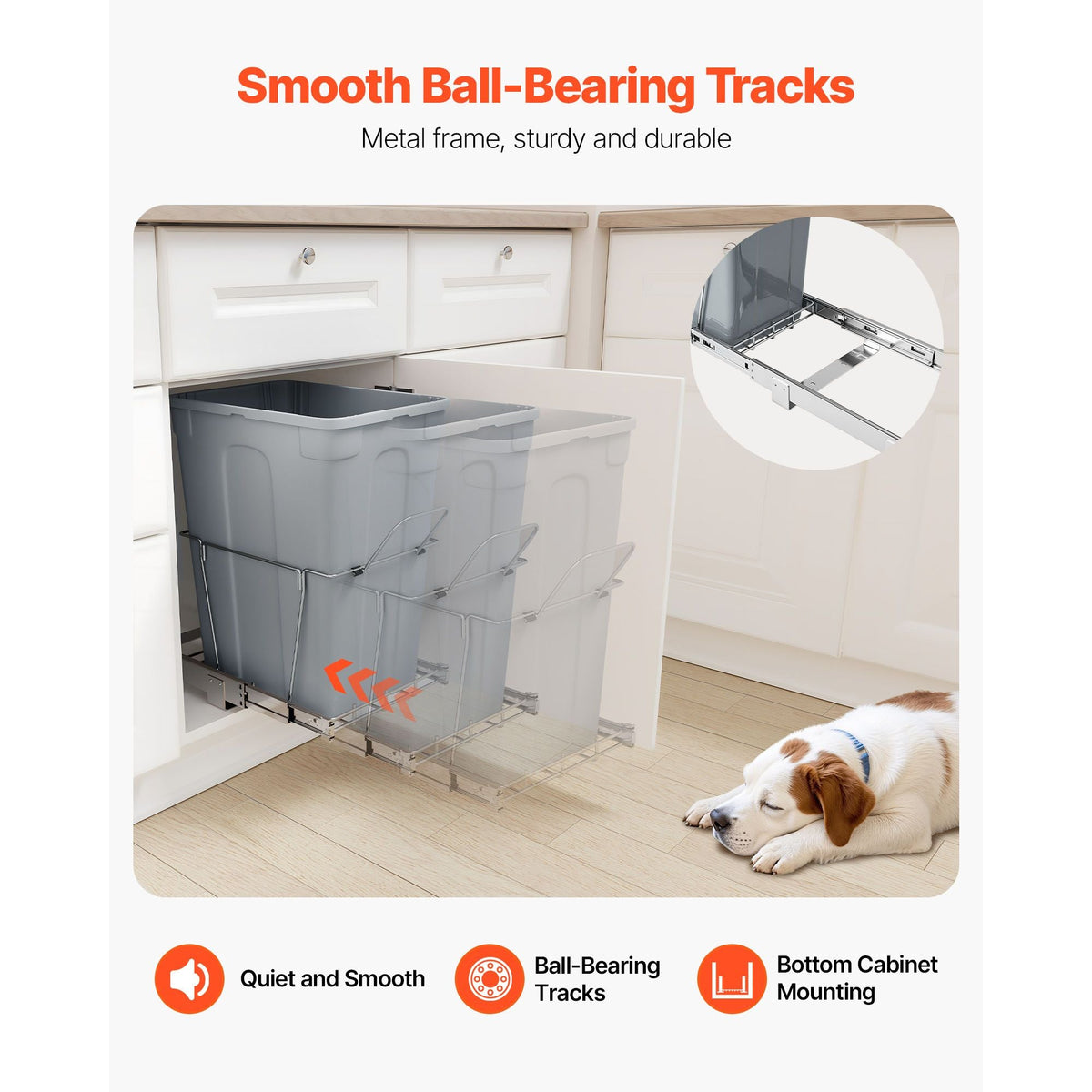 Pullout Trash Can for Kitchen Cabinets, 35 QT Garbage Waste Recycling Bin, Under Mount Waste Container, with Heavy Duty Metal Full Extension Sliding System and Handle, for Sink, Under Counter