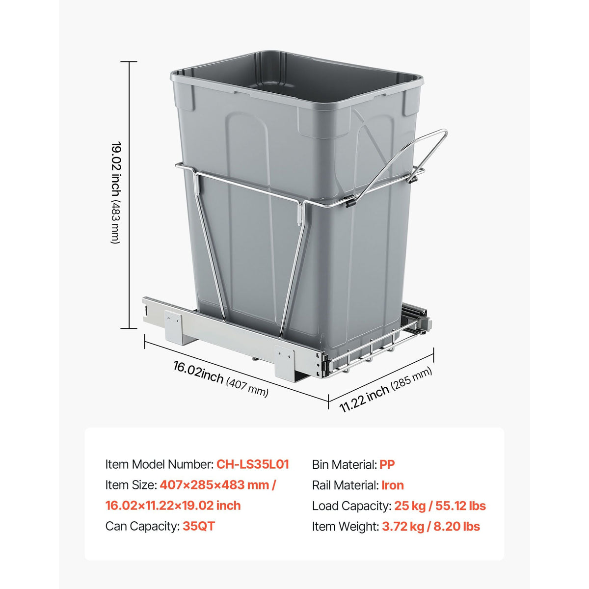 Pullout Trash Can for Kitchen Cabinets, 35 QT Garbage Waste Recycling Bin, Under Mount Waste Container, with Heavy Duty Metal Full Extension Sliding System and Handle, for Sink, Under Counter