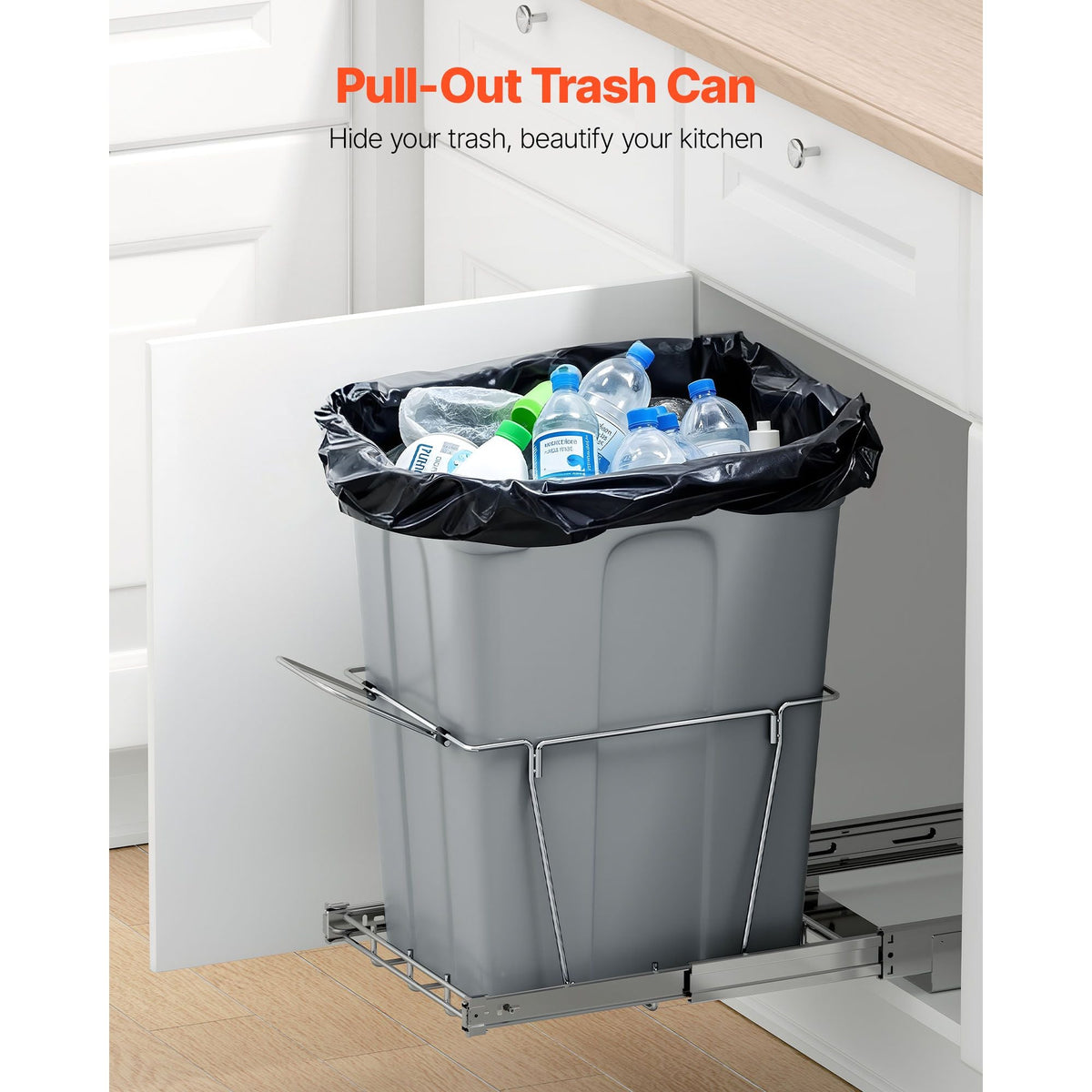 Pullout Trash Can for Kitchen Cabinets, 35 QT Garbage Waste Recycling Bin, Under Mount Waste Container, with Heavy Duty Metal Full Extension Sliding System and Handle, for Sink, Under Counter