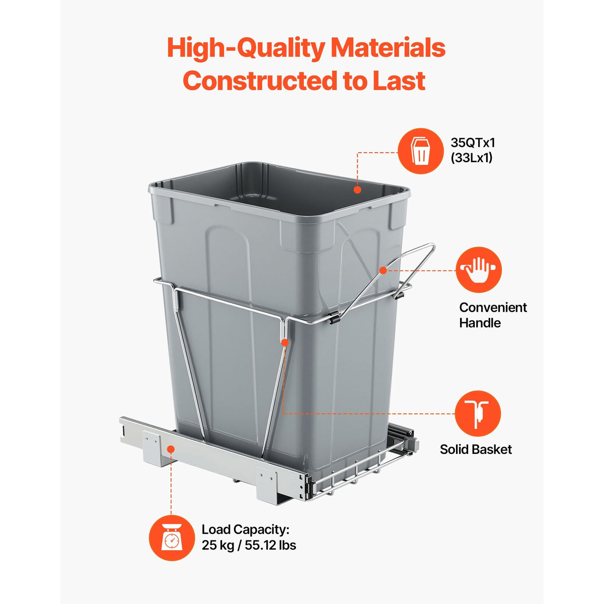 Pullout Trash Can for Kitchen Cabinets, 35 QT Garbage Waste Recycling Bin, Under Mount Waste Container, with Heavy Duty Metal Full Extension Sliding System and Handle, for Sink, Under Counter
