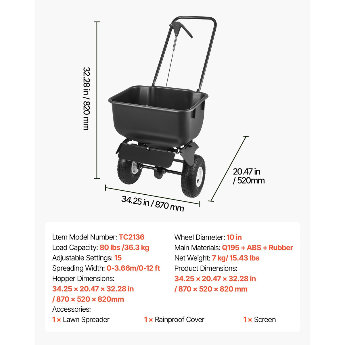 Push Lawn Spreader, 12ft Spreading Width, Broadcast Spreader with 80lbs Load Capacity & 10 in All-Terrain Tires, Walk-Behind Garden & Lawn Broadcast Spreaders for Seed Fertilizer, Salt Ice Melt