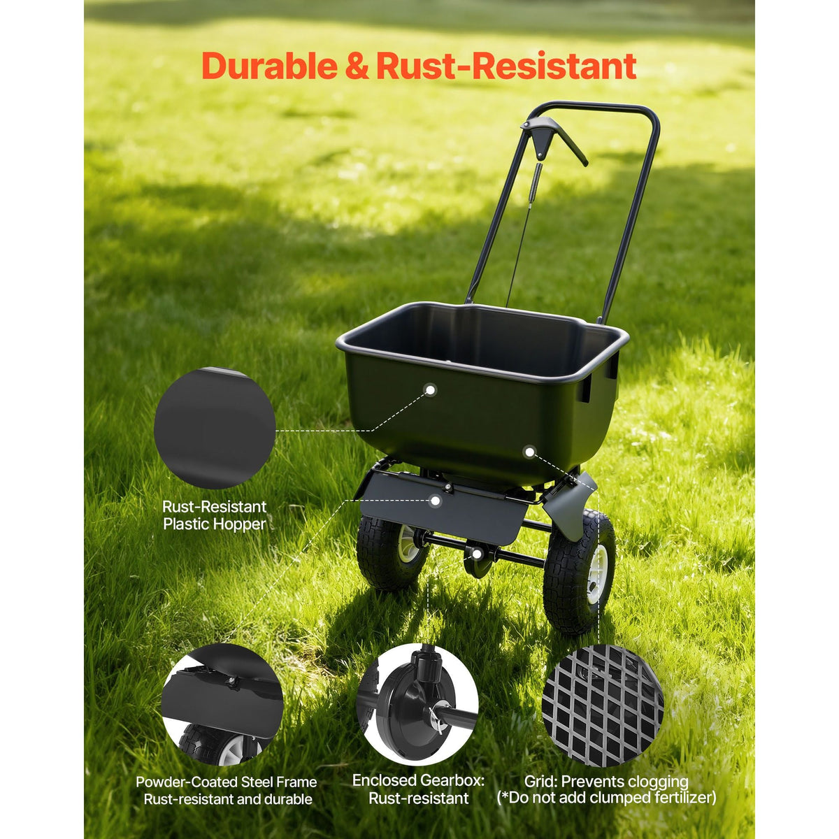 Push Lawn Spreader, 12ft Spreading Width, Broadcast Spreader with 80lbs Load Capacity & 10 in All-Terrain Tires, Walk-Behind Garden & Lawn Broadcast Spreaders for Seed Fertilizer, Salt Ice Melt
