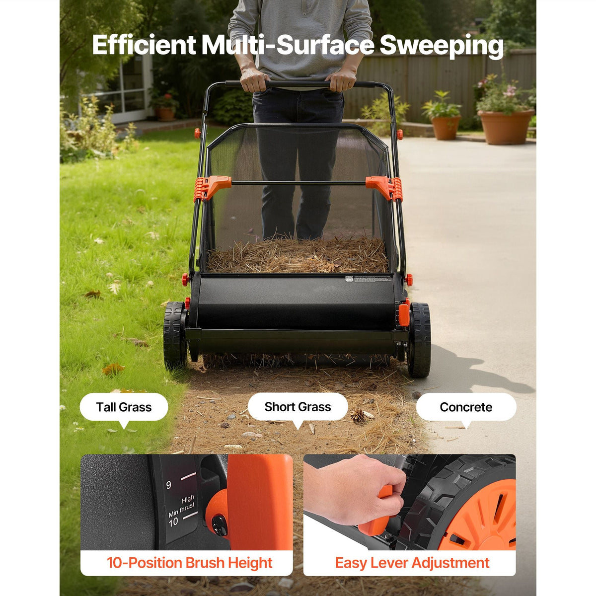 Push Lawn Sweeper, 30 in Leaf & Grass Collector with 12 cu. ft. Hopper Bag, Adjustable Brush Height & Spinning Brushes, Heavy Duty Yard Sweeper with Rubber Wheels for Leaves Grass Cleanup