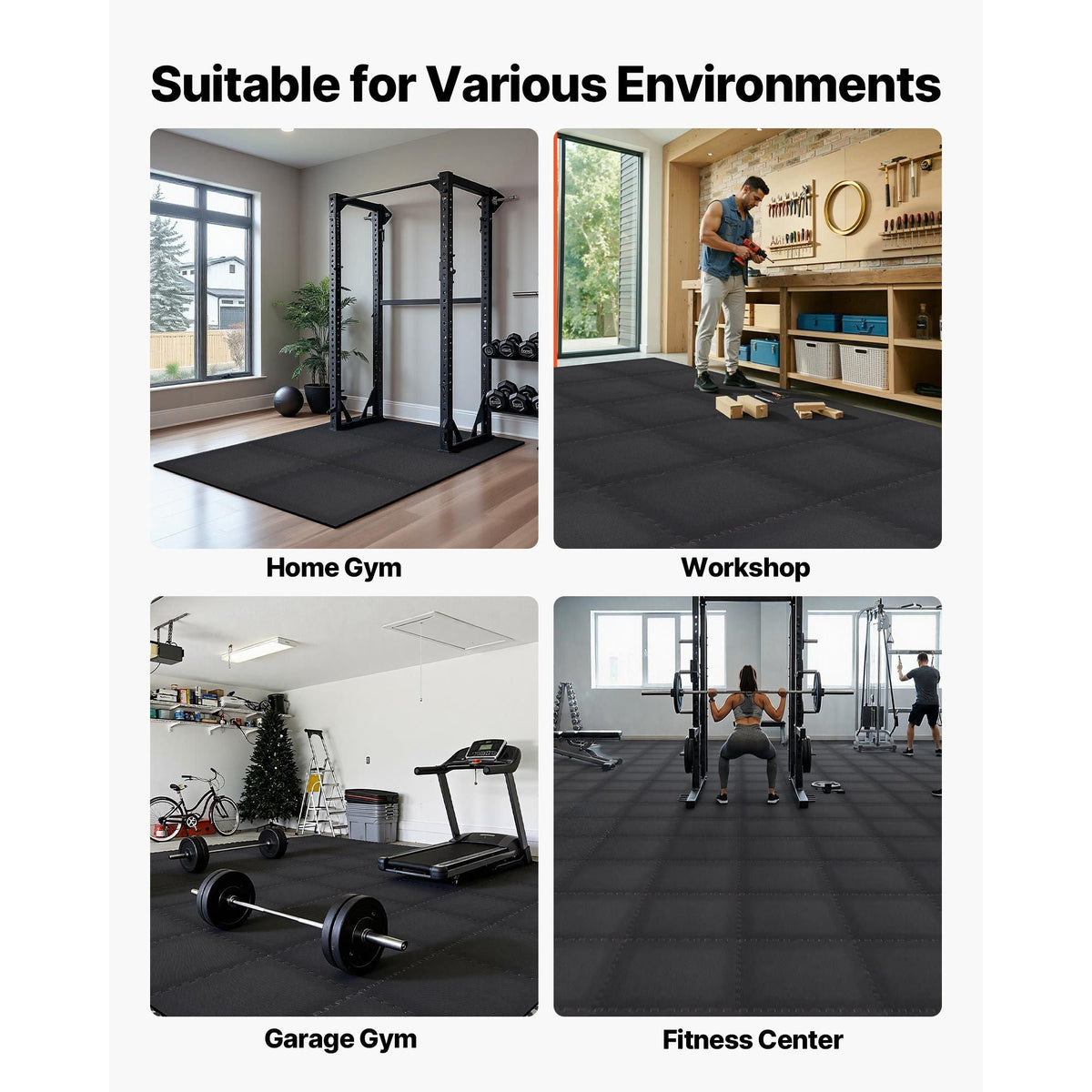Puzzle Exercise Mat, 24 PCS Fitness Equipment Mats, 24 x 24 x 0.56 in, High-Density EVA Foam Gym Mats Set, Interlocking Rubber Soft Tiles, Protective Floor Padding for Home, Gym, Office, Black