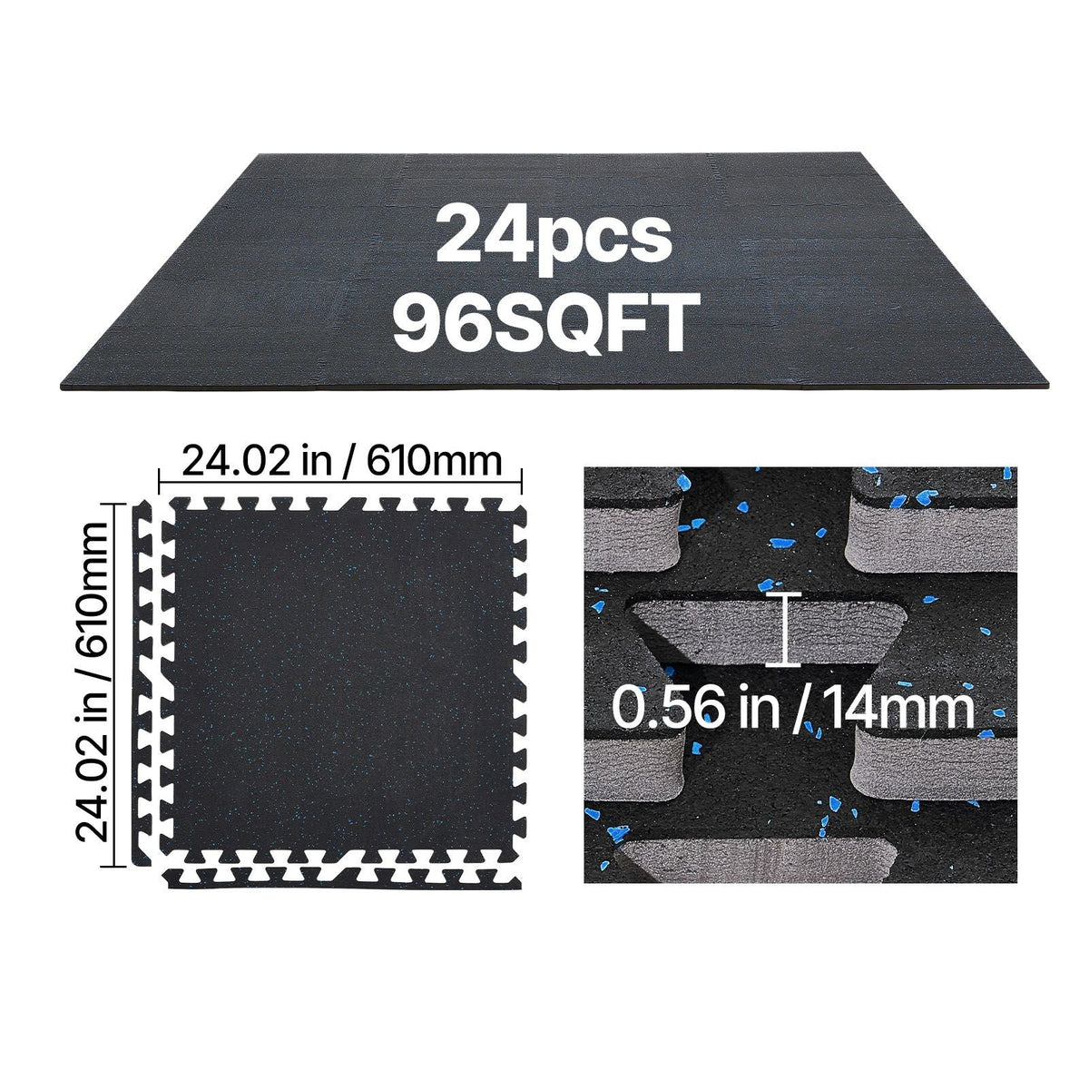 Puzzle Exercise Mat, 24 PCS Fitness Equipment Mats, 24 x 24 x 0.56 in, High-Density EVA Foam Mat Set, Interlocking Rubber Soft Tiles, Protective Floor Padding with Blue Dots for Home Gym Office