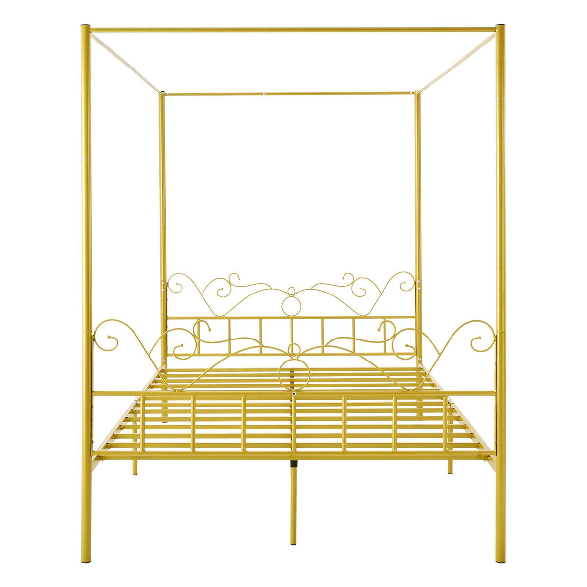 Queen Size Canopy Bed Frame, Metal Canopy Bed with Minimalist Headboard & Four Posters Design, Heavy Duty Steel Slats Support, Underbed Storage Space, No Box Spring Needed, Easy Assembly, Gold