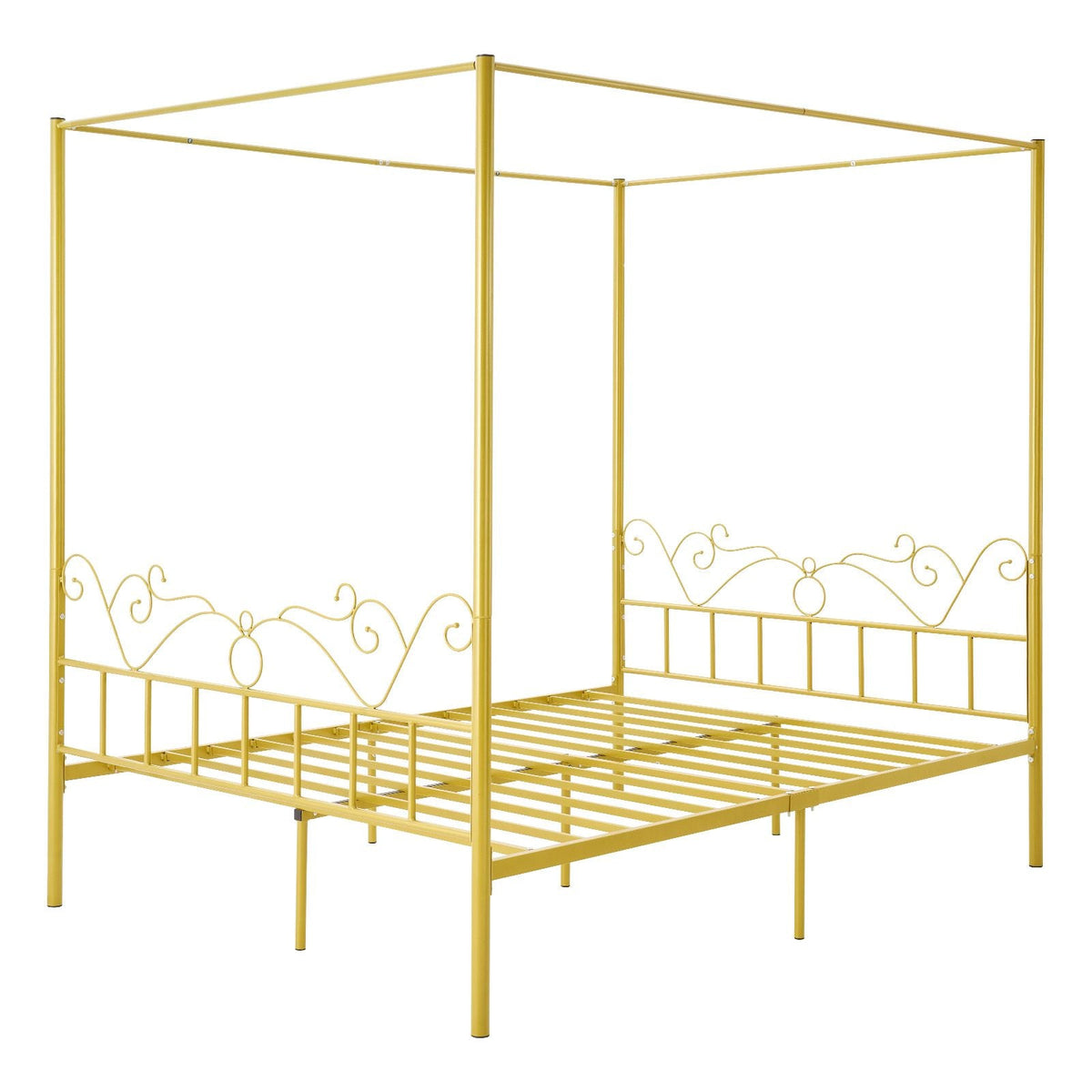 Queen Size Canopy Bed Frame, Metal Canopy Bed with Minimalist Headboard & Four Posters Design, Heavy Duty Steel Slats Support, Underbed Storage Space, No Box Spring Needed, Easy Assembly, Gold