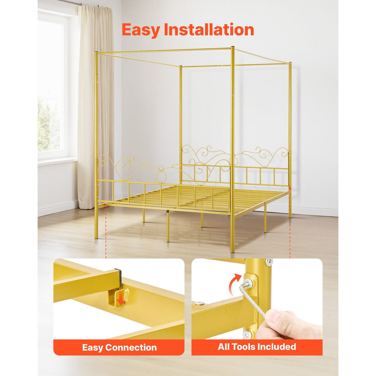 Queen Size Canopy Bed Frame, Metal Canopy Bed with Minimalist Headboard & Four Posters Design, Heavy Duty Steel Slats Support, Underbed Storage Space, No Box Spring Needed, Easy Assembly, Gold