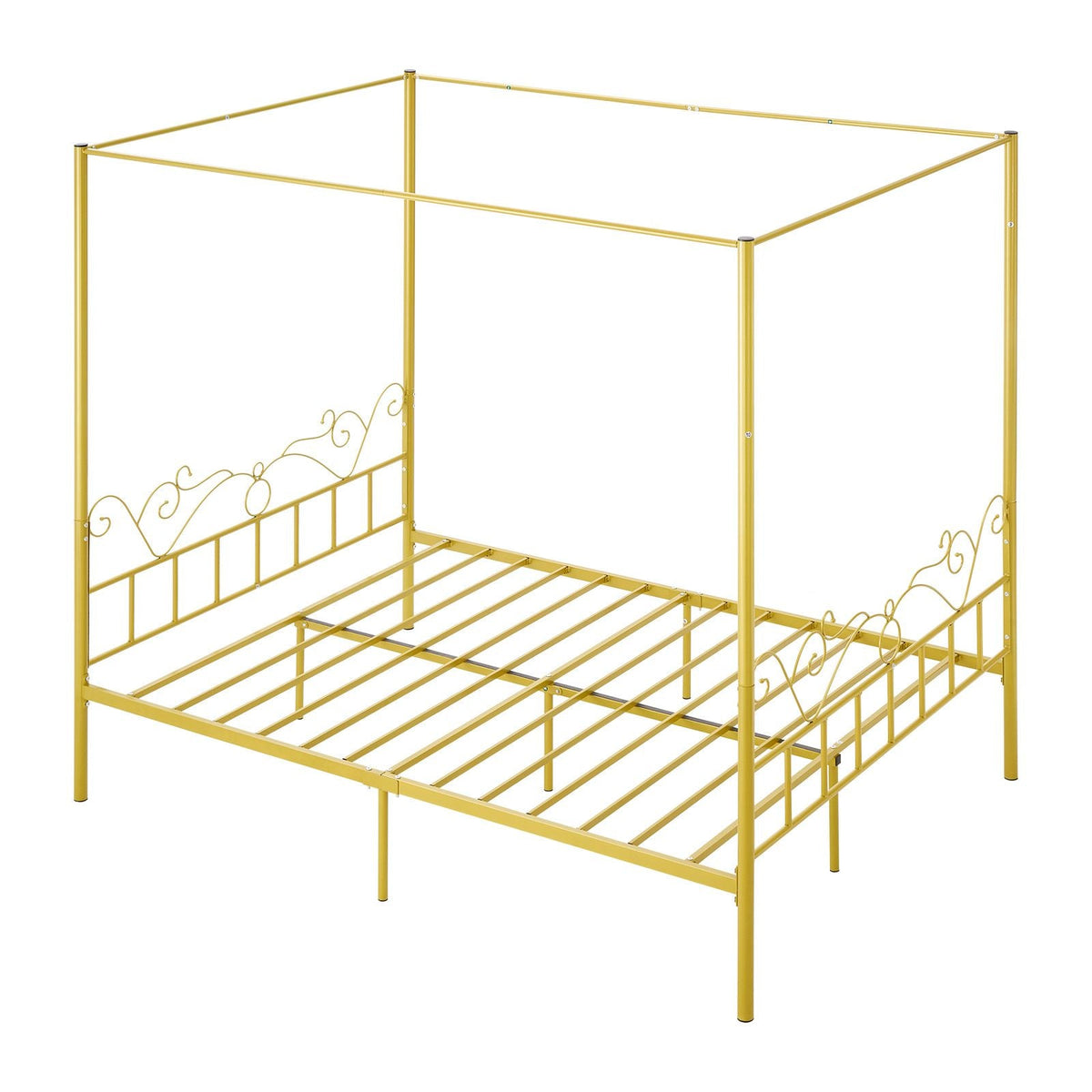 Queen Size Canopy Bed Frame, Metal Canopy Bed with Minimalist Headboard & Four Posters Design, Heavy Duty Steel Slats Support, Underbed Storage Space, No Box Spring Needed, Easy Assembly, Gold