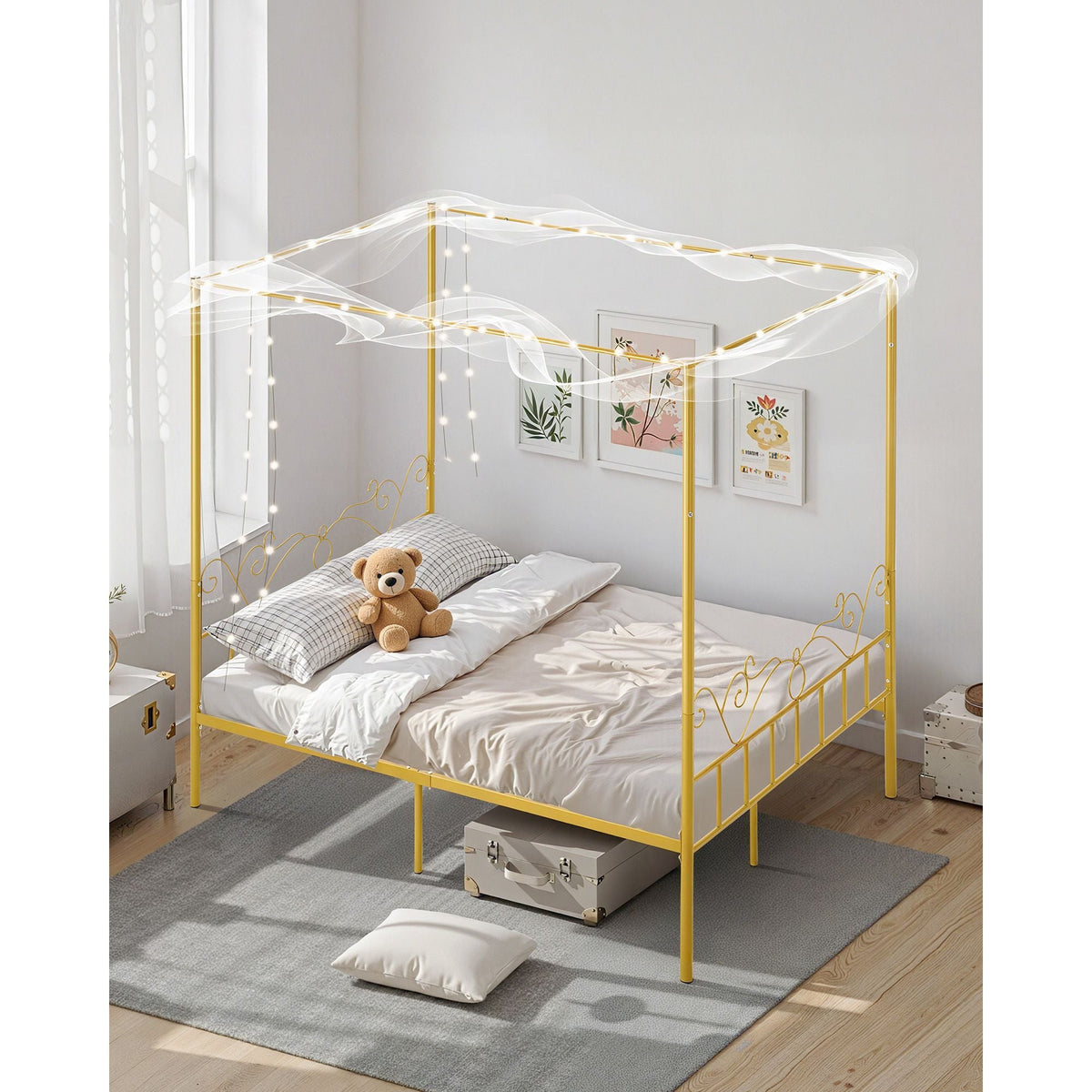 Queen Size Canopy Bed Frame, Metal Canopy Bed with Minimalist Headboard & Four Posters Design, Heavy Duty Steel Slats Support, Underbed Storage Space, No Box Spring Needed, Easy Assembly, Gold