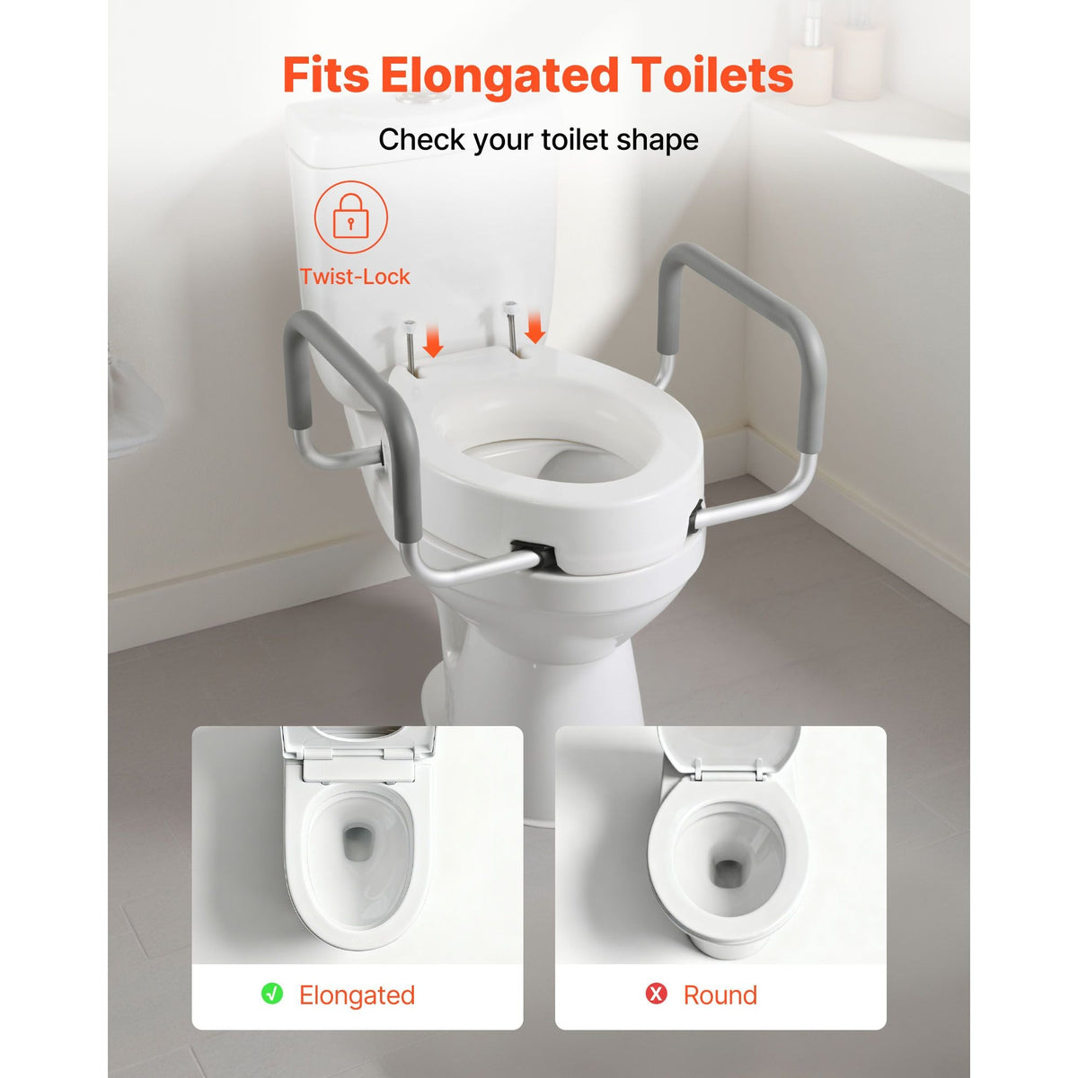 Raised Toilet Seat with Arms, 300 lbs Load Capacity, 3.5-Inch Lift Height, Widened Commode Elevated Toilet Seat Riser with Padded Handles for Seniors, Elderly, Handicap, Disabled, and Adults