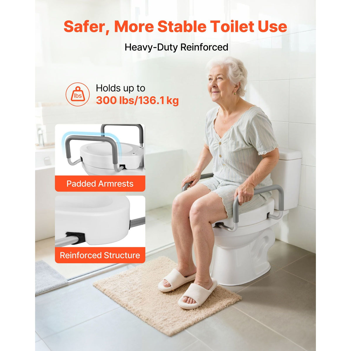 Raised Toilet Seat with Arms, 300 lbs Load Capacity, 3.5-Inch Lift Height, Widened Commode Elevated Toilet Seat Riser with Padded Handles for Seniors, Elderly, Handicap, Disabled, and Adults