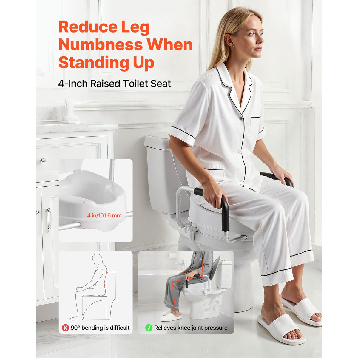 Raised Toilet Seat with Arms, 300 lbs Load Capacity, 4-Inch Lift Height, Widened Commode Elevated Toilet Seat Riser with Padded Handles for Seniors, Elderly, Handicap, Disabled, and Adults Use