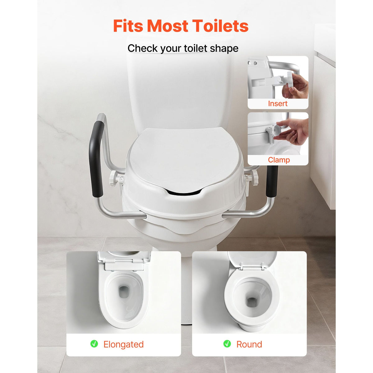 Raised Toilet Seat with Arms, 300 lbs Load Capacity, 4-Inch Lift Height, Widened Commode Elevated Toilet Seat Riser with Padded Handles for Seniors, Elderly, Handicap, Disabled, and Adults Use