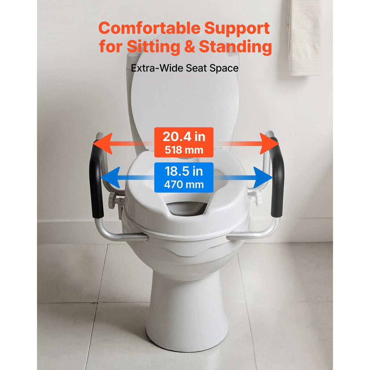 Raised Toilet Seat with Arms, 300 lbs Load Capacity, 4-Inch Lift Height, Widened Commode Elevated Toilet Seat Riser with Padded Handles for Seniors, Elderly, Handicap, Disabled, and Adults Use