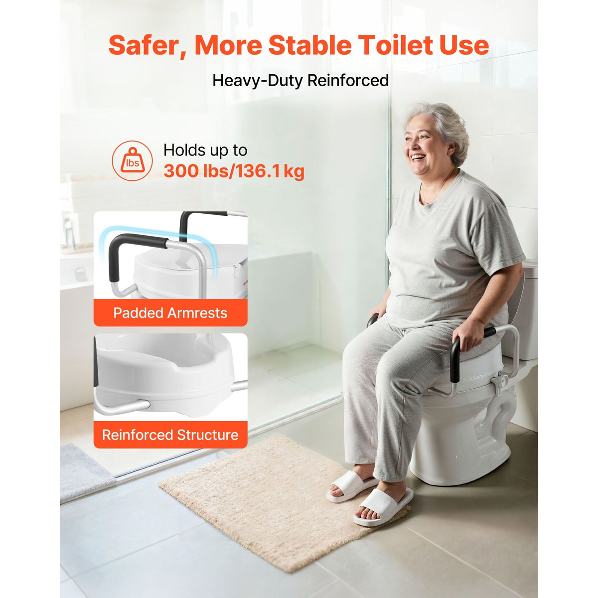 Raised Toilet Seat with Arms, 300 lbs Load Capacity, 4-Inch Lift Height, Widened Commode Elevated Toilet Seat Riser with Padded Handles for Seniors, Elderly, Handicap, Disabled, and Adults Use