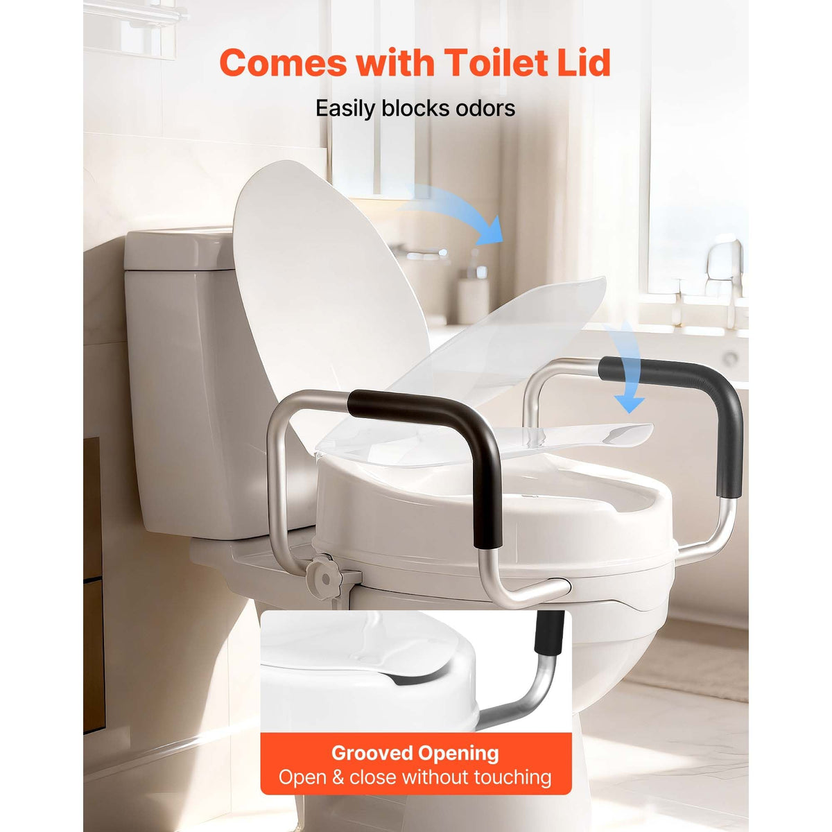 Raised Toilet Seat with Arms, 300 lbs Load Capacity, 4-Inch Lift Height, Widened Commode Elevated Toilet Seat Riser with Padded Handles for Seniors, Elderly, Handicap, Disabled, and Adults Use