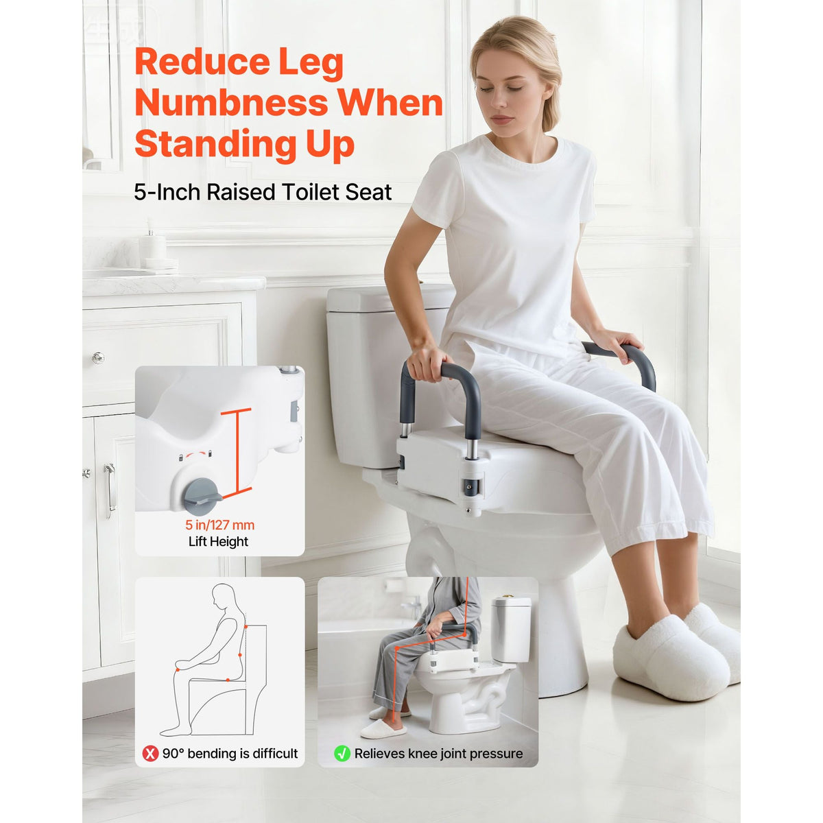 Raised Toilet Seat with Arms, 300 lbs Load Capacity, 5-Inch Lift Height, Widened Commode Elevated Toilet Seat Riser with Padded Handles for Seniors, Elderly, Handicap, Disabled, and Adults Use