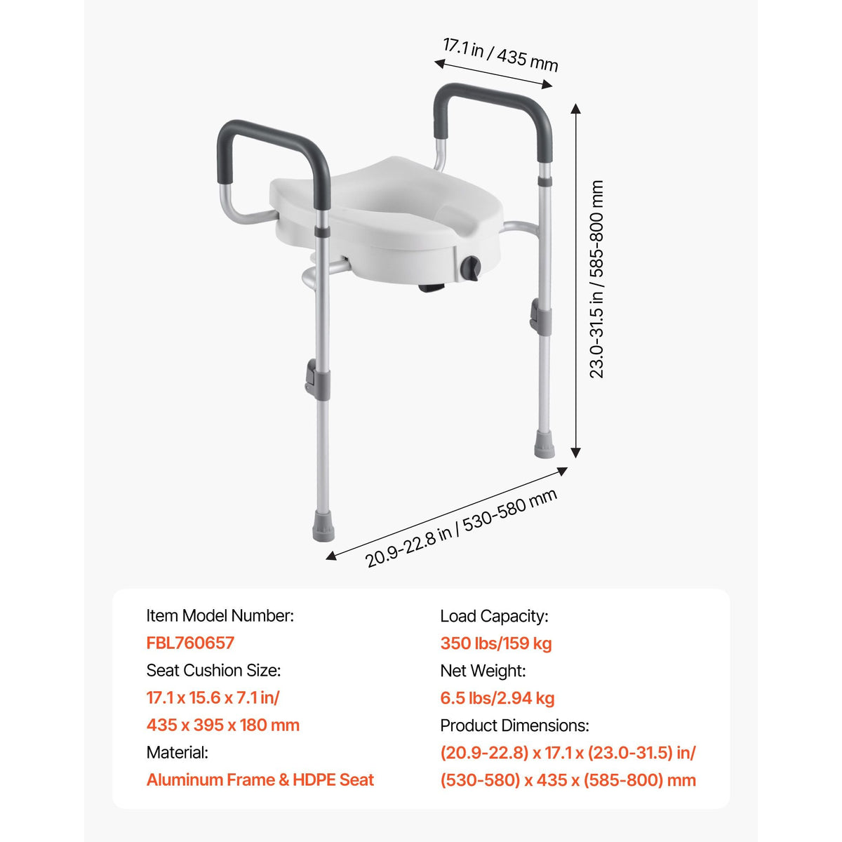 Raised Toilet Seat with Arms, 350 lbs Capacity, 5-Inch Lift Height & Adjustable Width, Widened Commode Elevated Toilet Seat Riser with Handles for Seniors, Elderly, Handicap, Disabled, Adults
