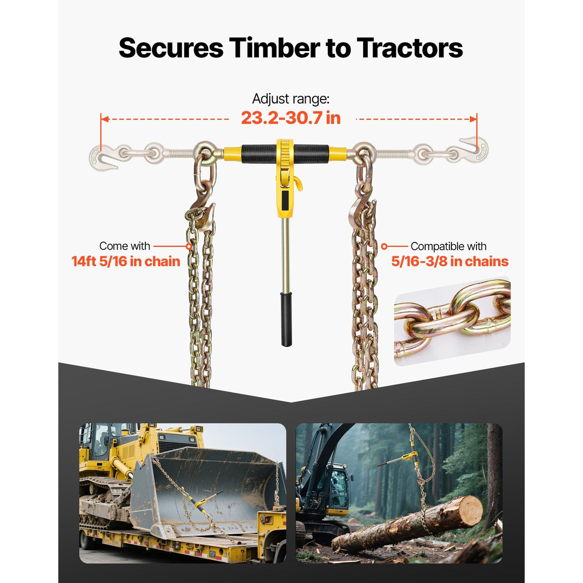 Ratchet Chain Binder, 5/16 in x 14 ft G80 Chains, 8000 lbs Working Load of Ratchet Load Binder, Chains and Binders Set, Tie Down Hauling Chain Binders for Hauling, Towing, Logging (4 Sets)