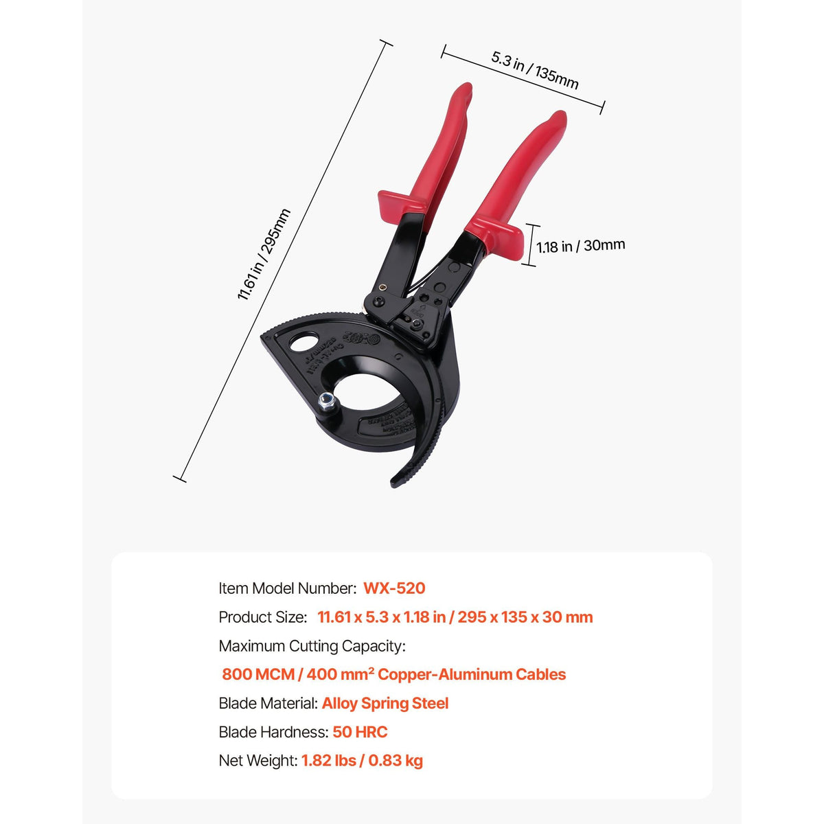 Ratcheting Cable Cutter, Spring Steel Blades with Insulated Handles, Quick-Release Button, Heavy Duty Ratchet Cable Wire Cutter for Cutting Copper & Aluminum Cables Up to 800 MCM / 400 mm²