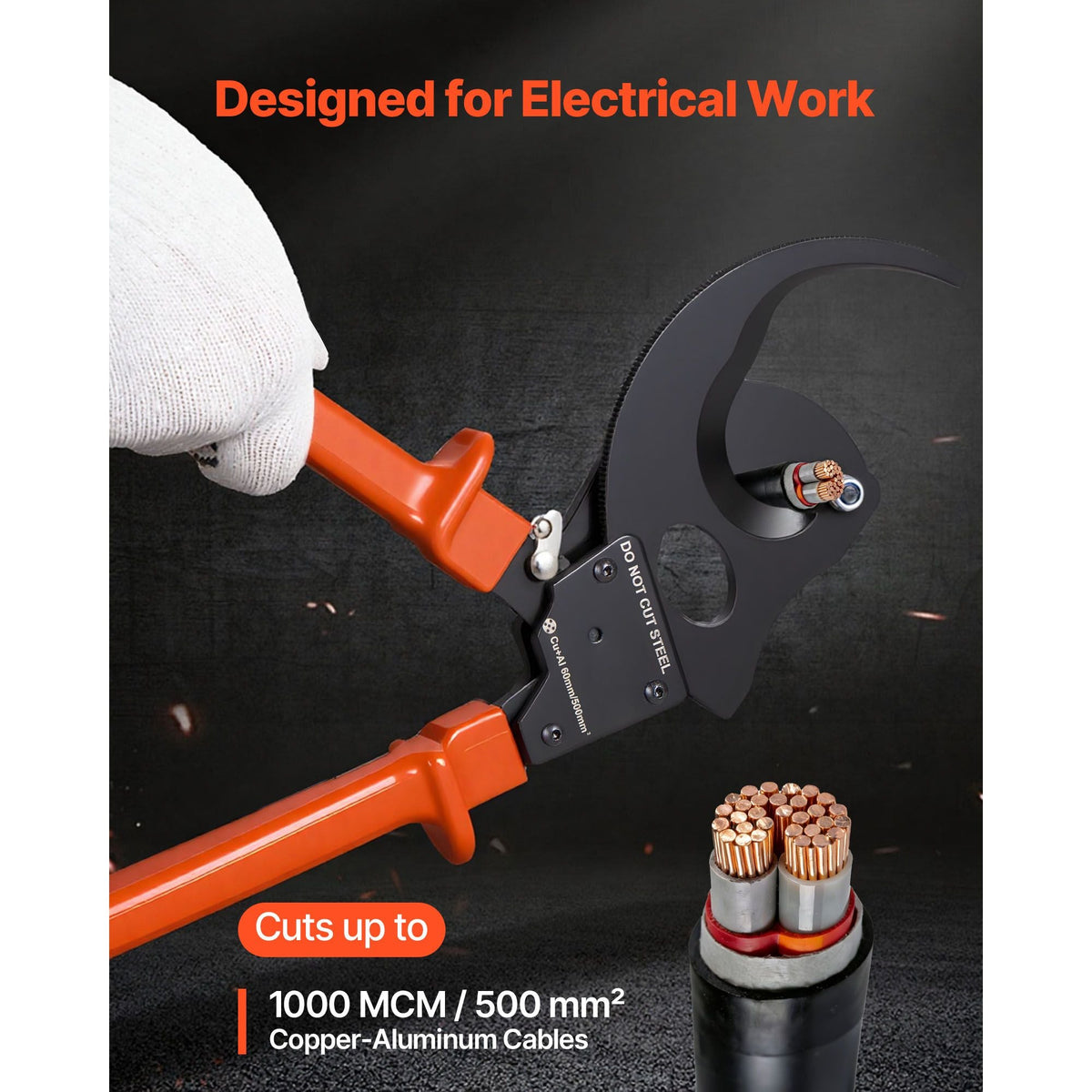Ratcheting Cable Cutter, Spring Steel Blades with PVC-Coated Handles, Quick-Release Button, Heavy Duty Ratchet Cable Wire Cutter for Cutting Copper & Aluminum Cables Up to 1000 MCM / 500 mm²