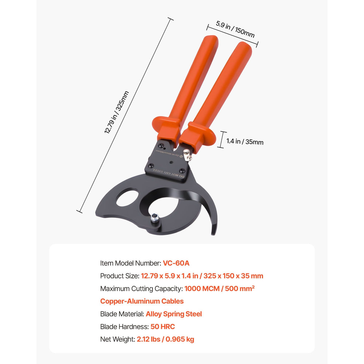 Ratcheting Cable Cutter, Spring Steel Blades with PVC-Coated Handles, Quick-Release Button, Heavy Duty Ratchet Cable Wire Cutter for Cutting Copper & Aluminum Cables Up to 1000 MCM / 500 mm²