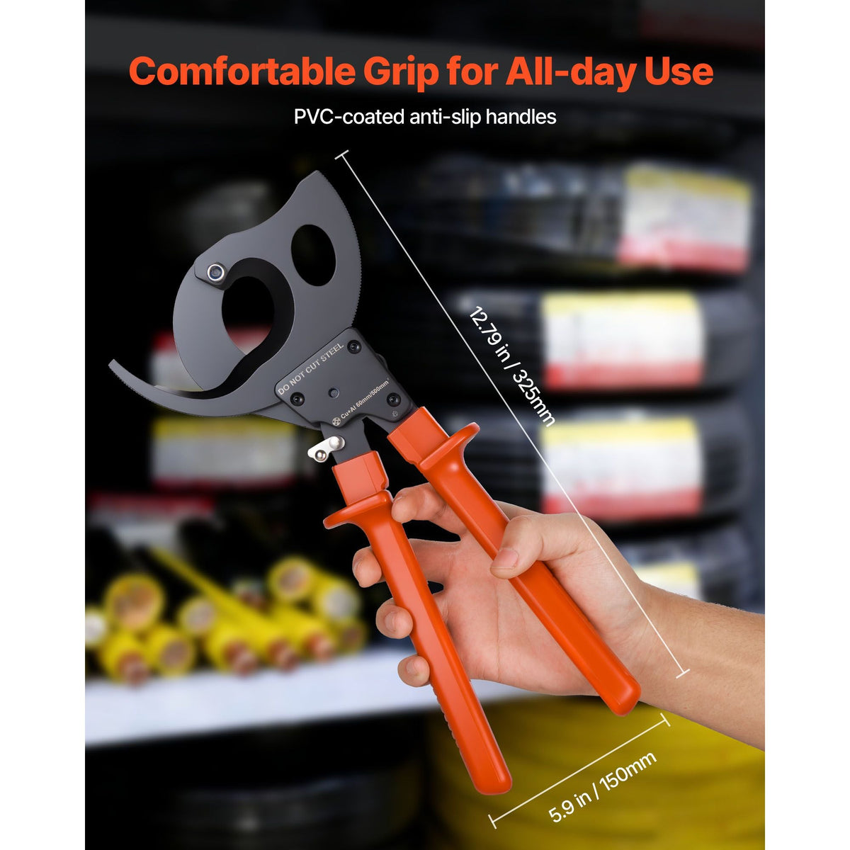 Ratcheting Cable Cutter, Spring Steel Blades with PVC-Coated Handles, Quick-Release Button, Heavy Duty Ratchet Cable Wire Cutter for Cutting Copper & Aluminum Cables Up to 1000 MCM / 500 mm²