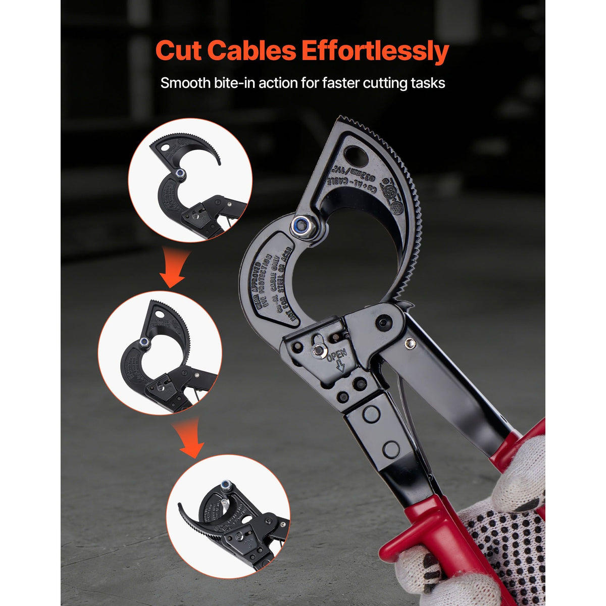 Ratcheting Cable Cutter, Spring Steel Blades with PVC-Coated Handles, Quick-Release Button, Heavy Duty Ratchet Cable Wire Cutter for Cutting Copper & Aluminum Cables Up to 474 MCM / 240 mm²