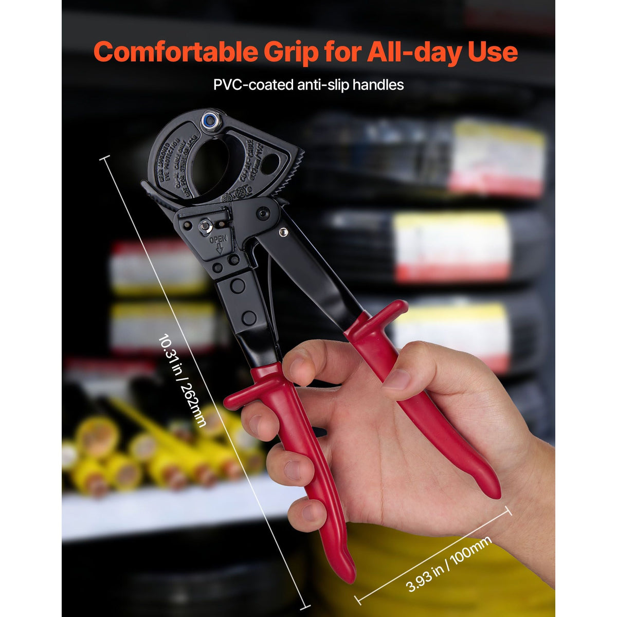 Ratcheting Cable Cutter, Spring Steel Blades with PVC-Coated Handles, Quick-Release Button, Heavy Duty Ratchet Cable Wire Cutter for Cutting Copper & Aluminum Cables Up to 474 MCM / 240 mm²