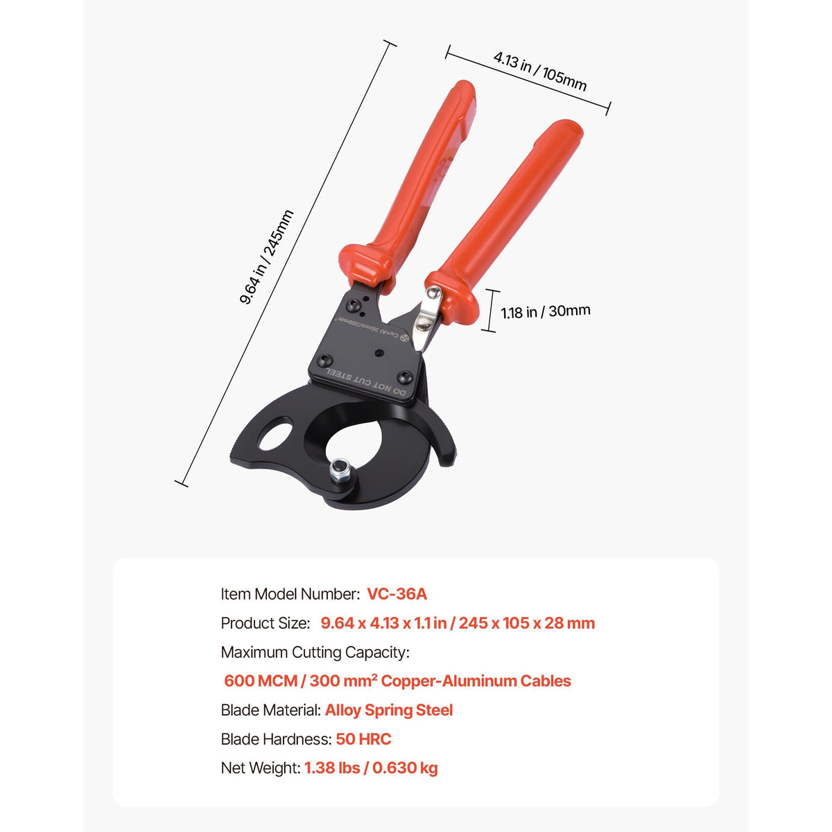 Ratcheting Cable Cutter, Spring Steel Blades with PVC-Coated Handles, Quick-Release Button, Heavy Duty Ratchet Cable Wire Cutter for Cutting Copper & Aluminum Cables Up to 600 MCM / 300 mm²