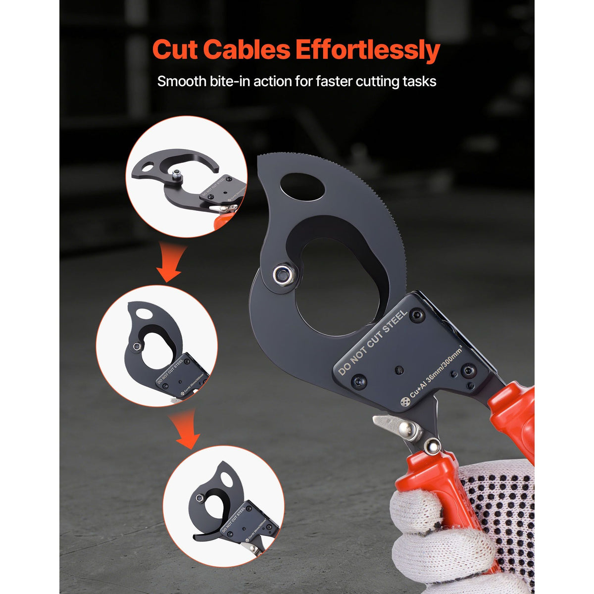 Ratcheting Cable Cutter, Spring Steel Blades with PVC-Coated Handles, Quick-Release Button, Heavy Duty Ratchet Cable Wire Cutter for Cutting Copper & Aluminum Cables Up to 600 MCM / 300 mm²
