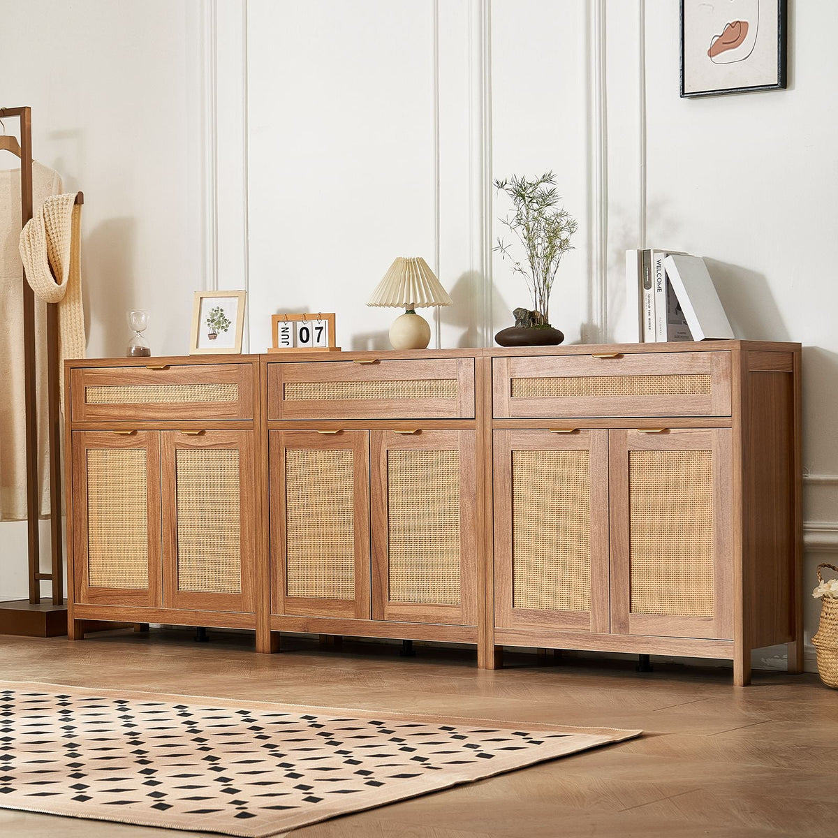 Rattan Cabinet, Set of 3, Rattan Storage Cabinet with 6 Magnetic Doors and 3 Drawers, Sideboard Buffet Cabinet with Adjustable Shelves, for Hallway, Entryway, Living Room, or Kitchen, Natural