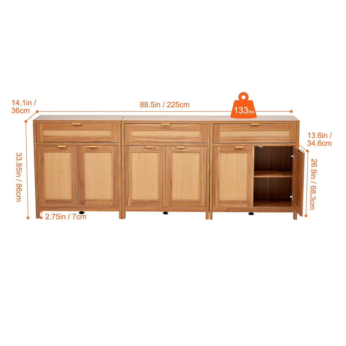 Rattan Cabinet, Set of 3, Rattan Storage Cabinet with 6 Magnetic Doors and 3 Drawers, Sideboard Buffet Cabinet with Adjustable Shelves, for Hallway, Entryway, Living Room, or Kitchen, Natural