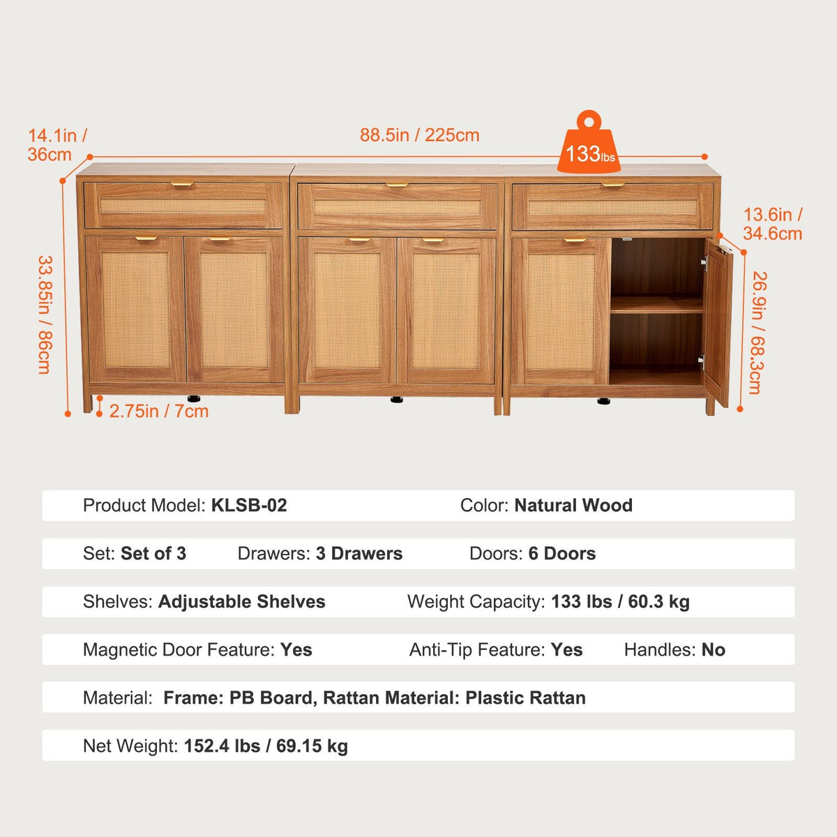 Rattan Cabinet, Set of 3, Rattan Storage Cabinet with 6 Magnetic Doors and 3 Drawers, Sideboard Buffet Cabinet with Adjustable Shelves, for Hallway, Entryway, Living Room, or Kitchen, Natural